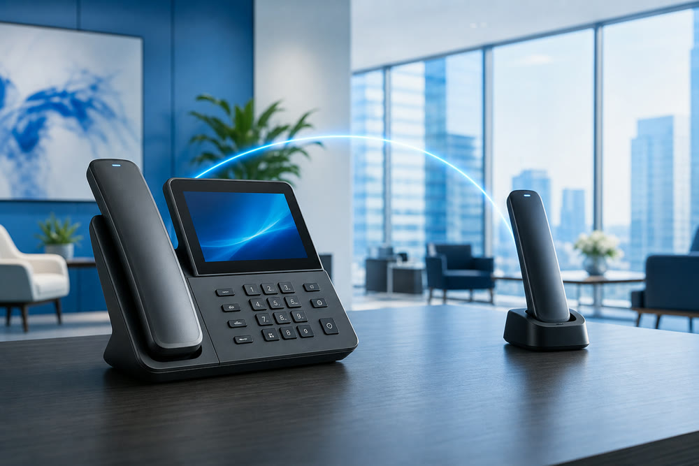 Telefono fisso Fanvil con cornetta senza fili sulla base di ricarica